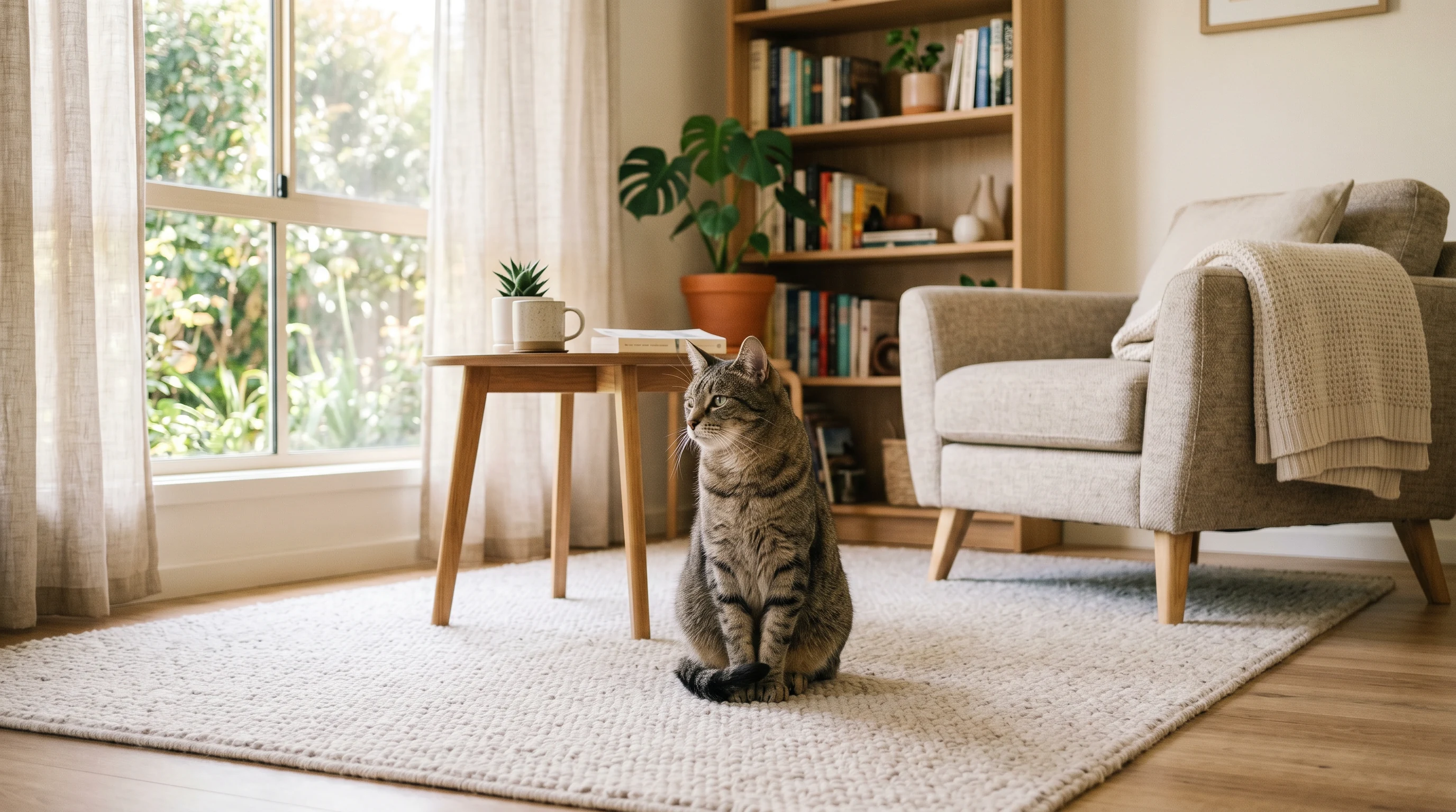Cat sitting innocently on a pristine living room carpet