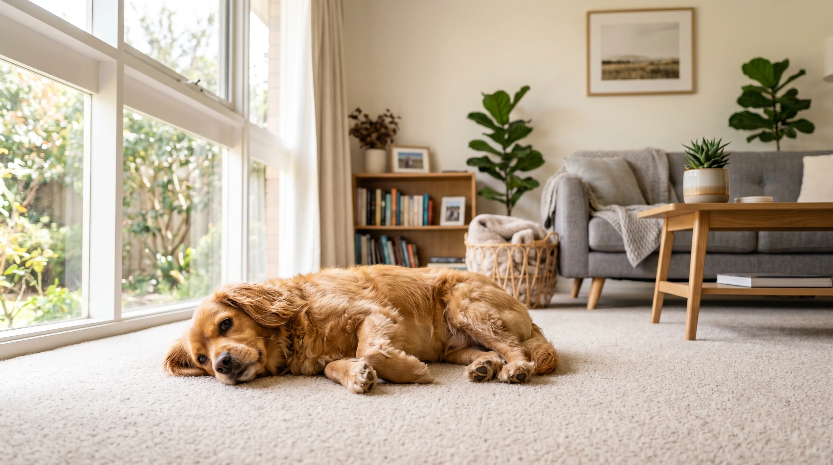 Happy dog lying on clean carpet