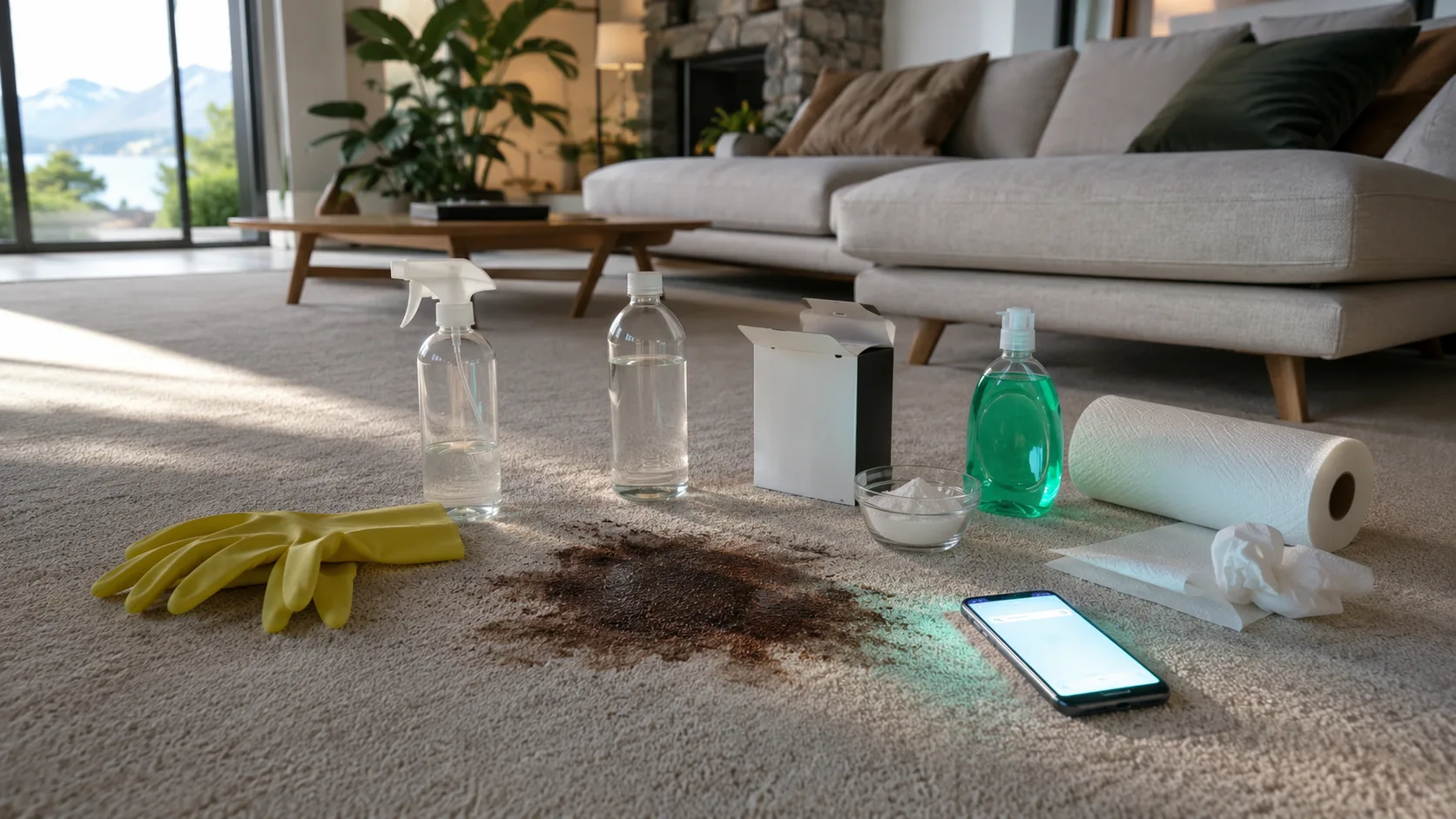 DIY cleaning products around a carpet stain after a home remedy attempt